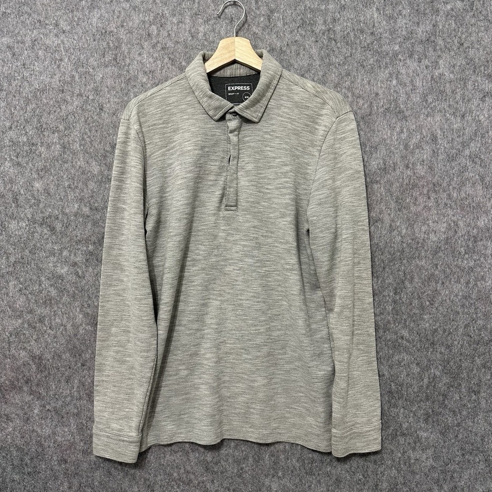 Express Men's Long Sleeve Polo Shirt Gray Size Medium Cotton Blend Casual Top